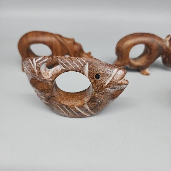 X4 African Wooden Napkin Ring Holders Animals Elephant Fish Rhino Hippo 3" - Picture 2 of 8